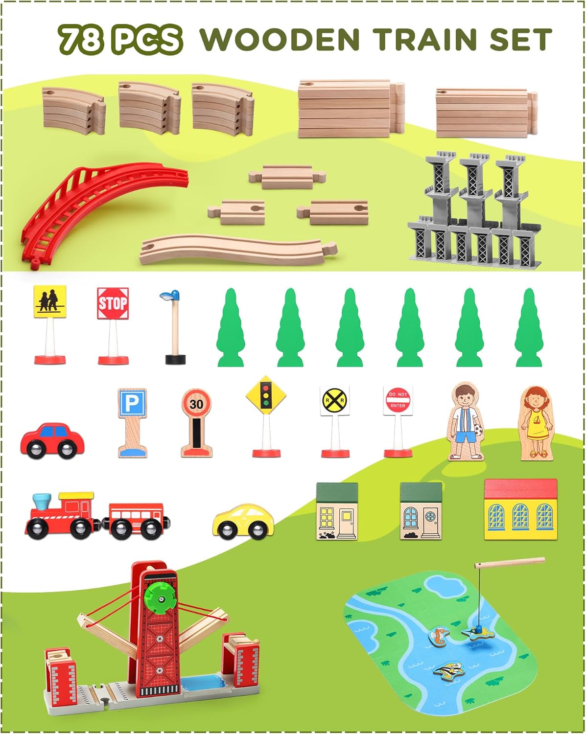 Adventure Town Wood Train Set with 4 Trains-78 PCS wooden train set