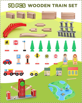 Adventure Town Wood Train Set with 4 Trains-78 PCS wooden train set
