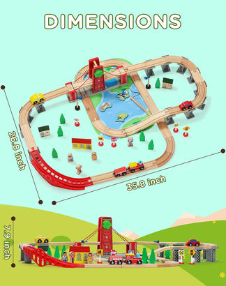 Toy train set with dimensions and accessories