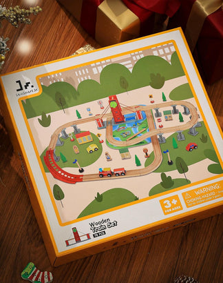 Box of a wooden toy train set-perfect gifts for boys and girls