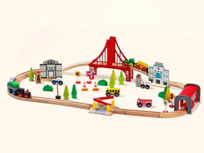 Toy train set with tracks and various elements-SainSmart Jr.