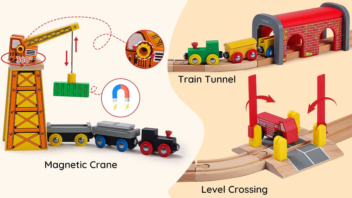 Wooden toy train set with magnetic crane, train tunnel, and level crossing