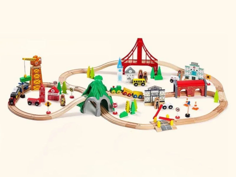 Toy train set with tracks, cars, and accessories-SainSmart Jr.