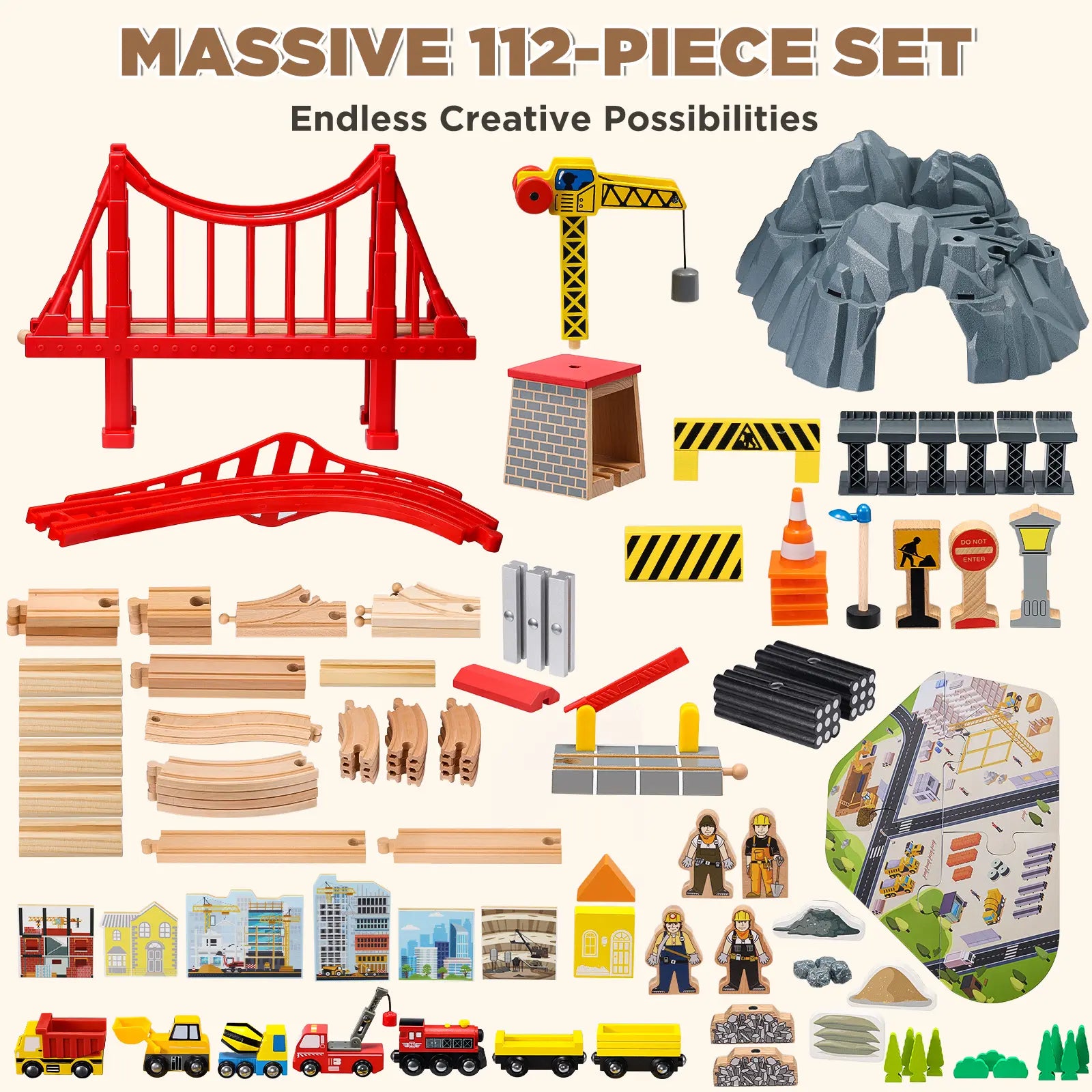 Collection of toy construction set pieces including a red bridge, crane, and various other components