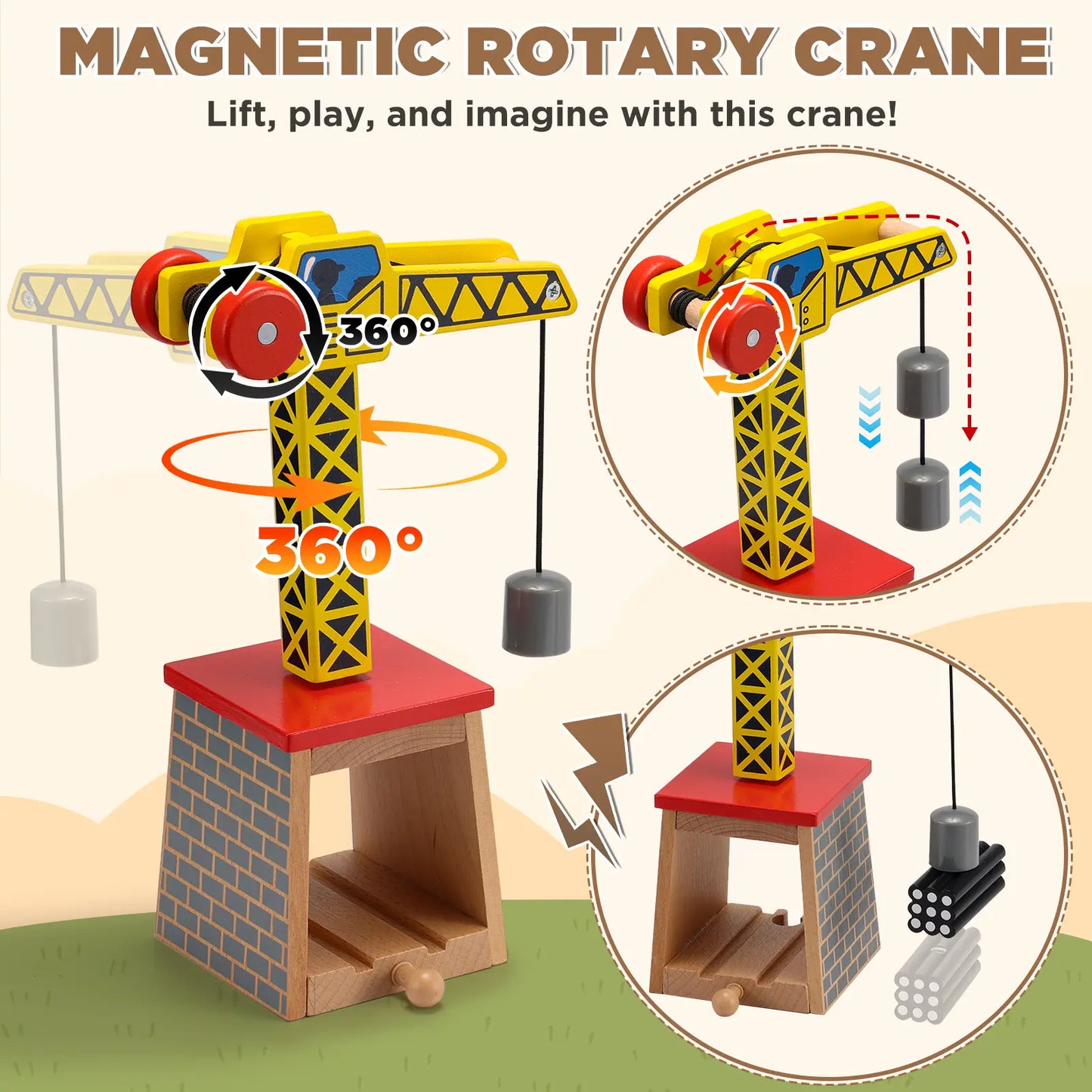 Toy magnetic rotary crane with detailed features