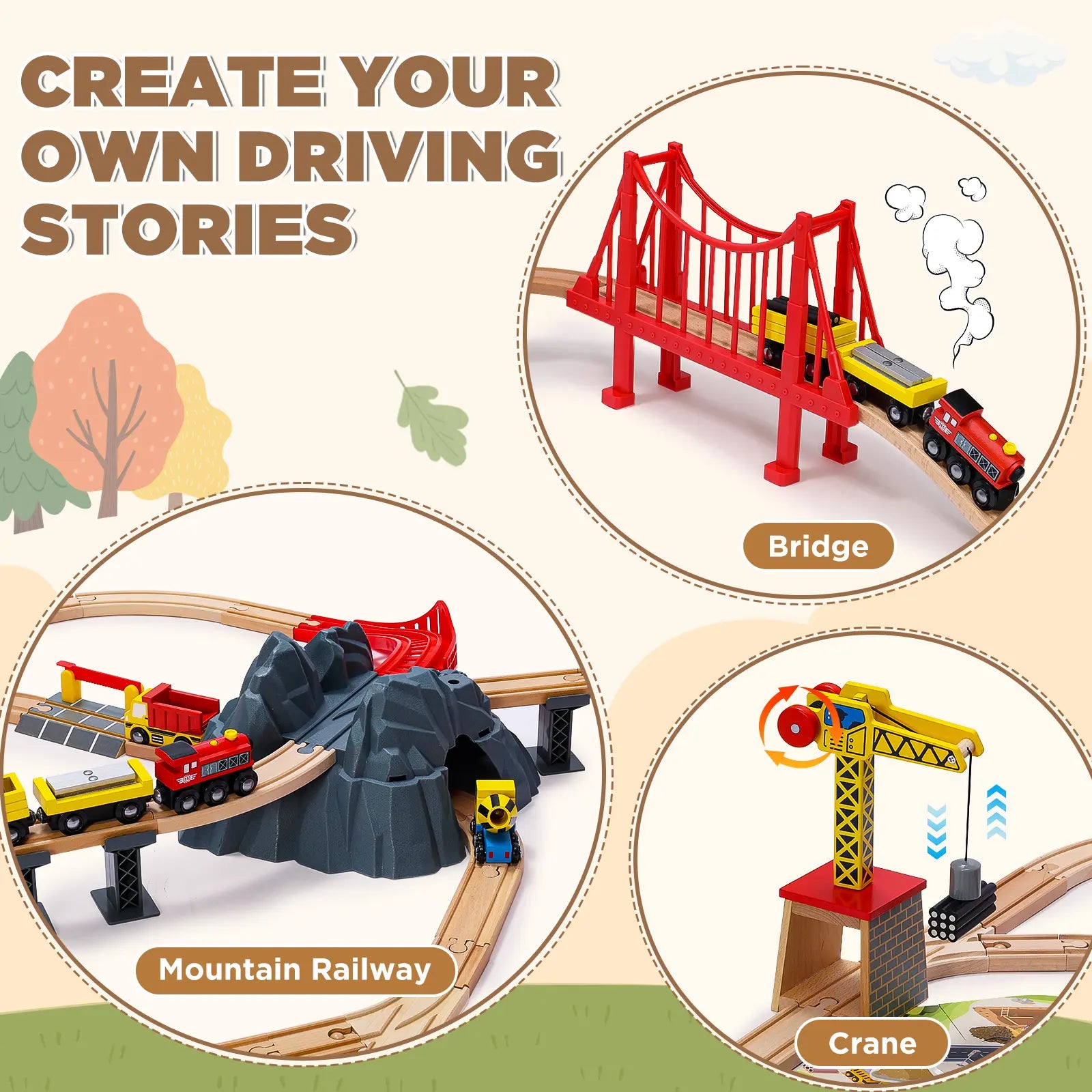 Toy train set with bridge, mountain railway, and crane