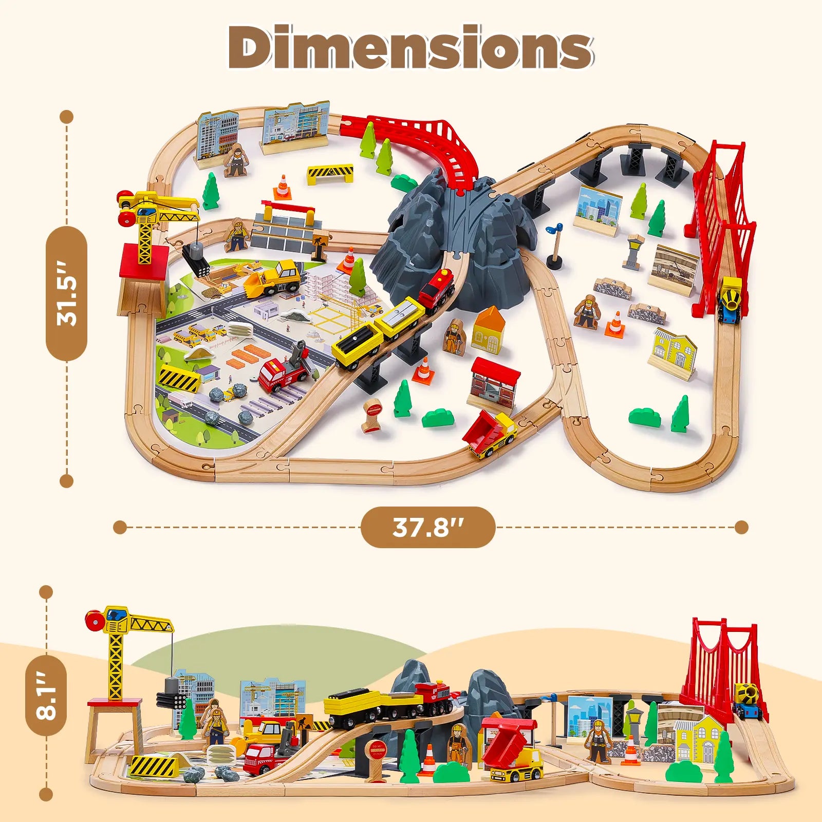 Toy train track set with dimensions displayed