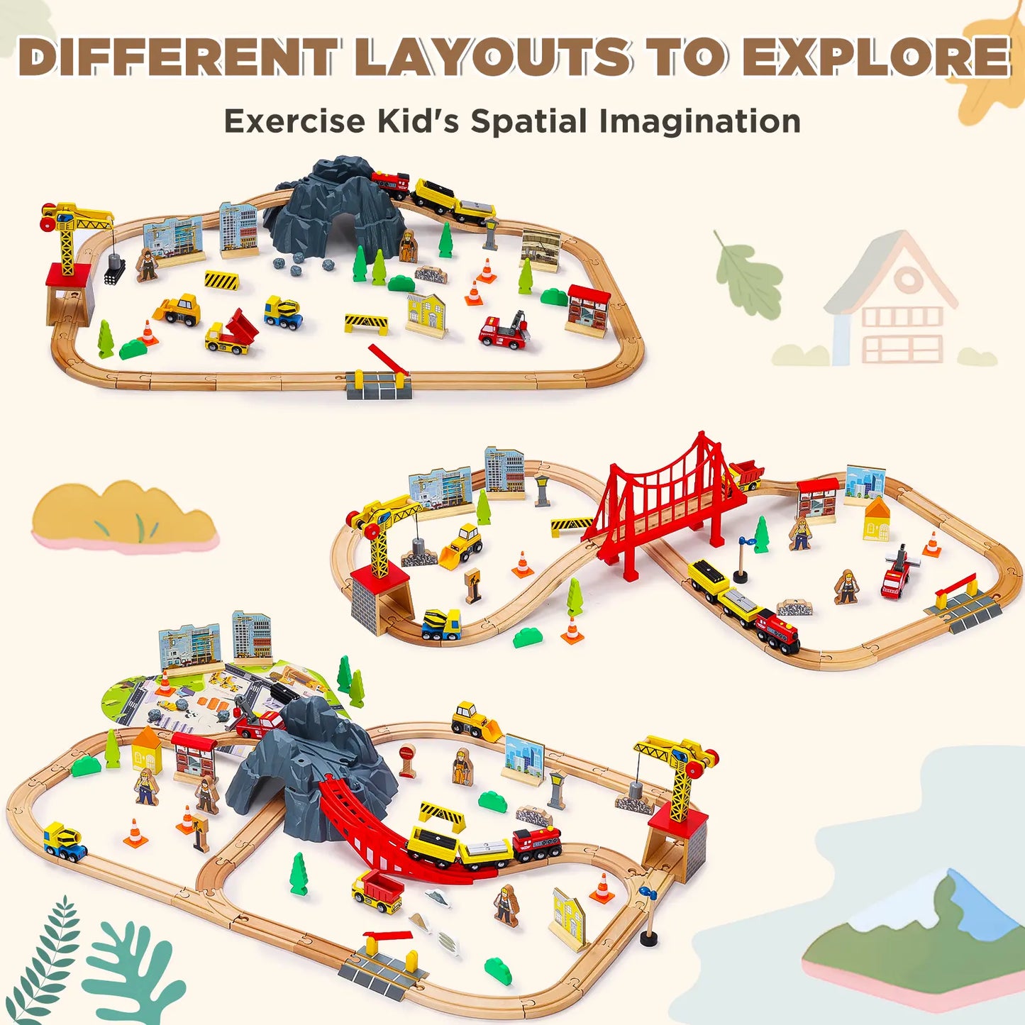 Toy train set with various layouts