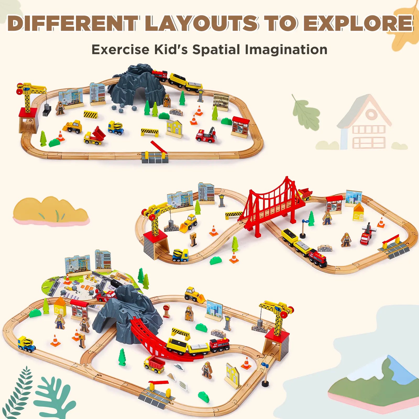 Toy train set with various layouts