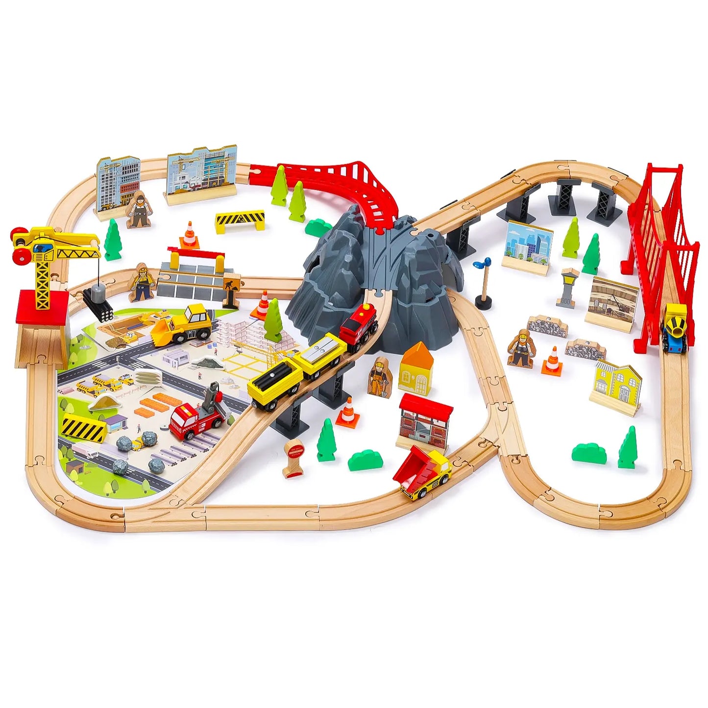 Toy train set with tracks, trains, and various accessories
