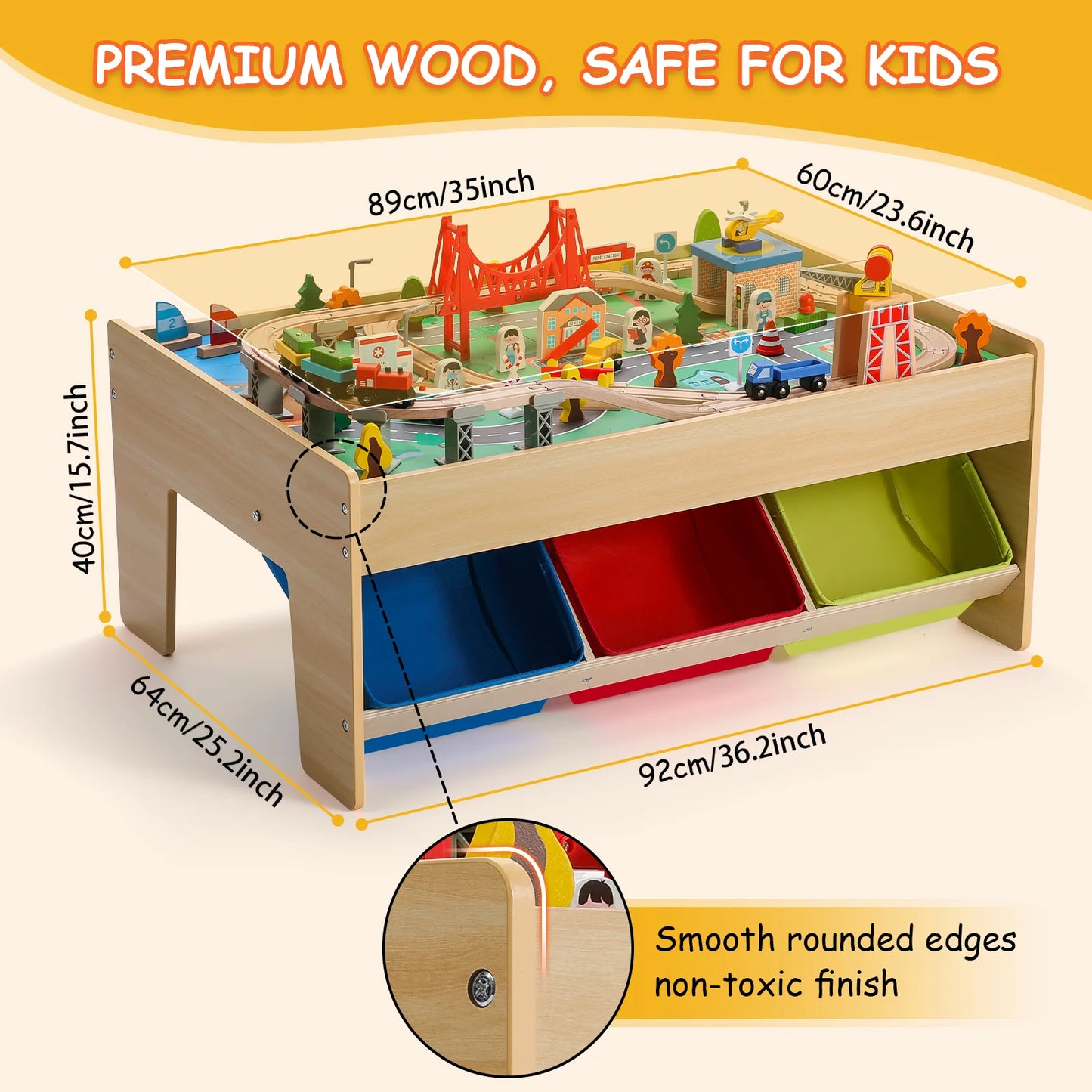 Wooden play table with toy setup, measurements, and safety features highlighted.