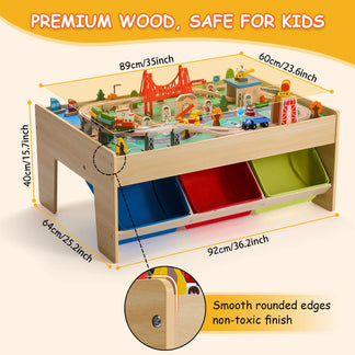 Wooden play table with toy setup, measurements, and safety features highlighted.