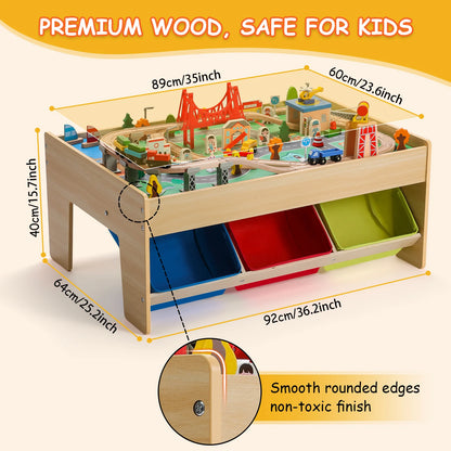 Wooden play table with toy setup, measurements, and safety features highlighted.