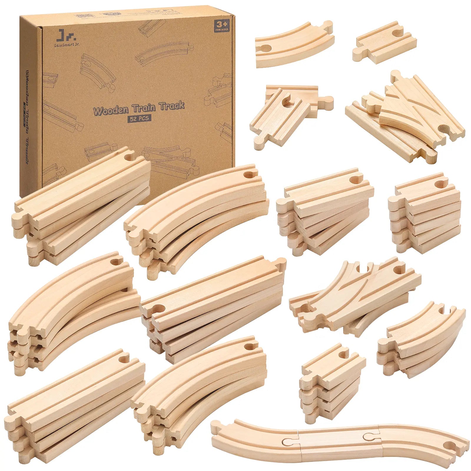 Wooden train track set with packaging 