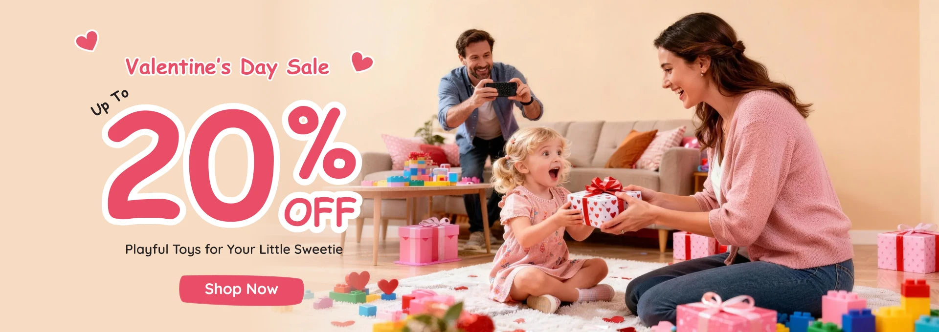 Family playing with toys in a living room during Valentine's Day Sale with 20% off.