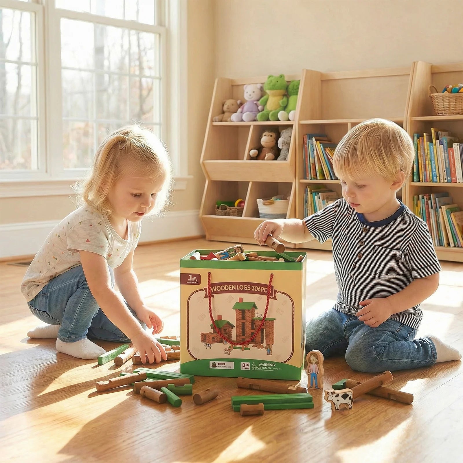 Two children playing with wooden log toys in a room with bookshelves.