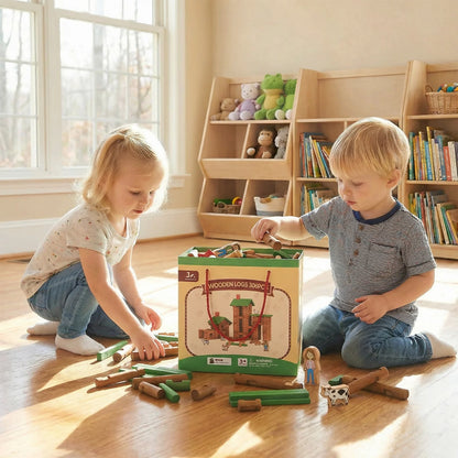 Two children playing with wooden log toys in a room with bookshelves.