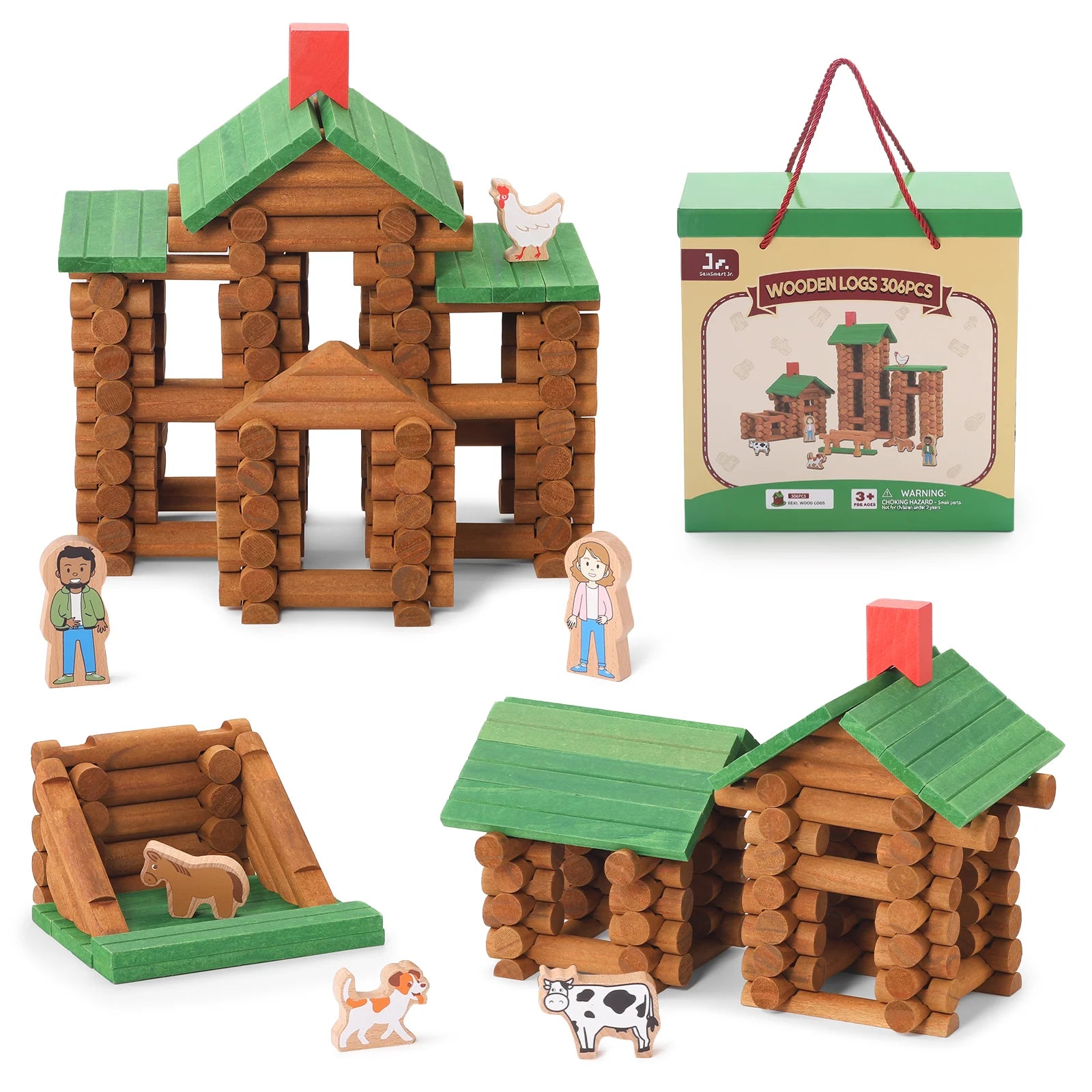 Wooden log cabin toy set with animals and packaging