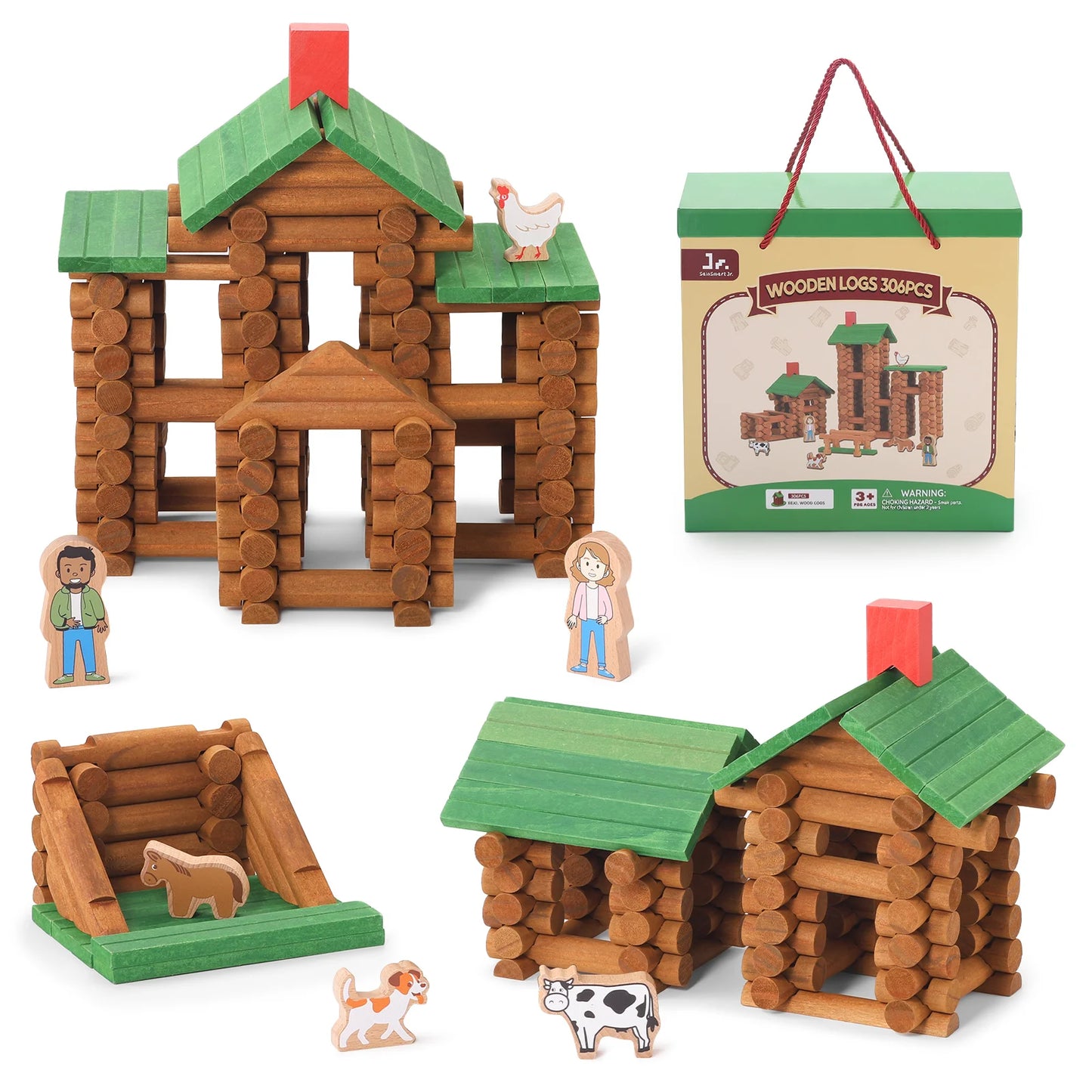 Wooden log cabin toy set with animals and packaging
