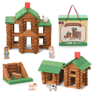 Wooden log cabin toy set with animals and packaging-lincoln logs