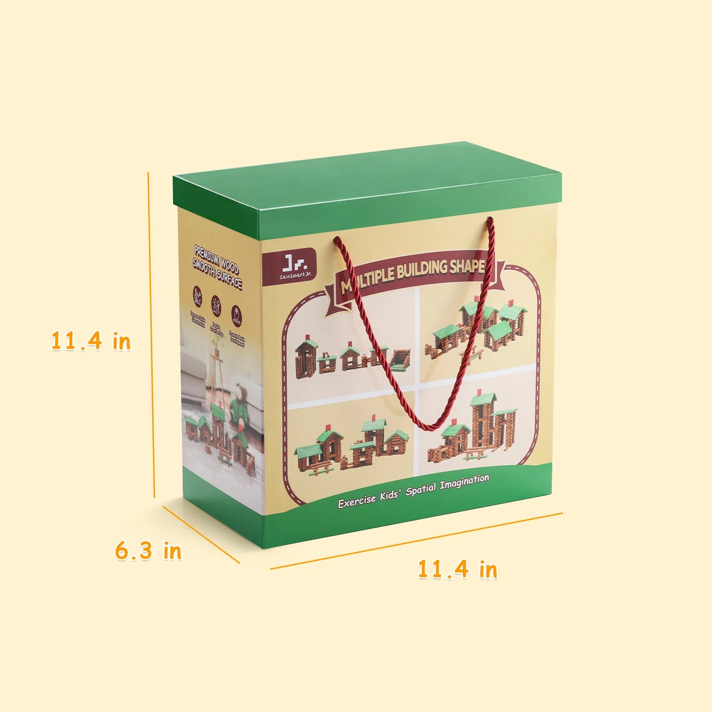 Product packaging with dimensions and a handle