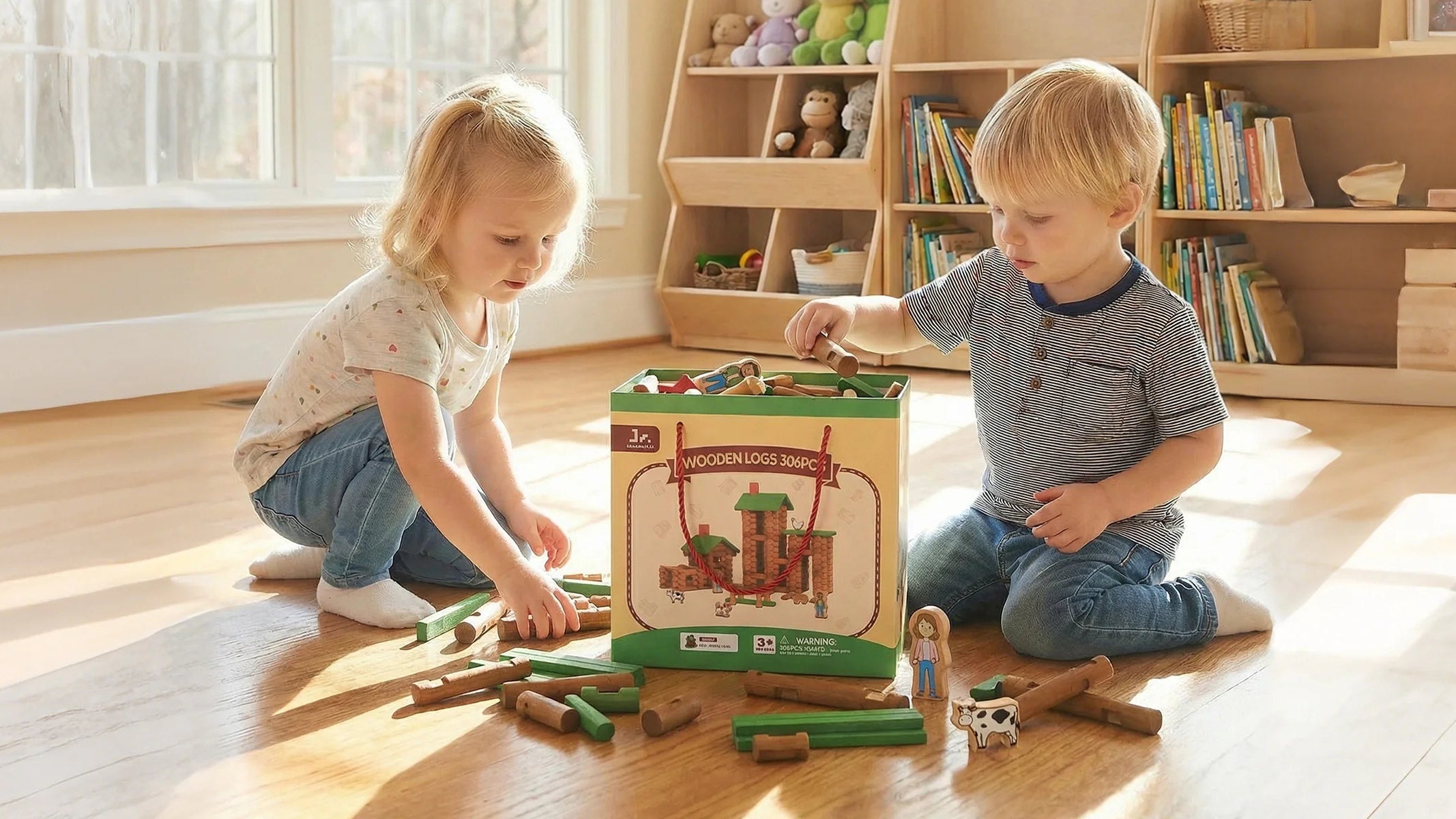 Two children playing with log cabin