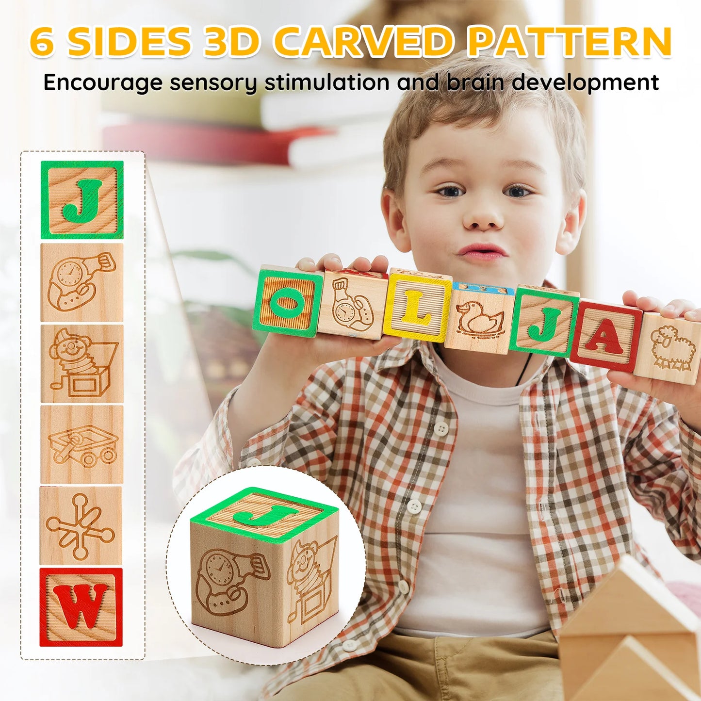 wooden blocks with 3D carved patterns and text, promoting sensory stimulation and brain development.