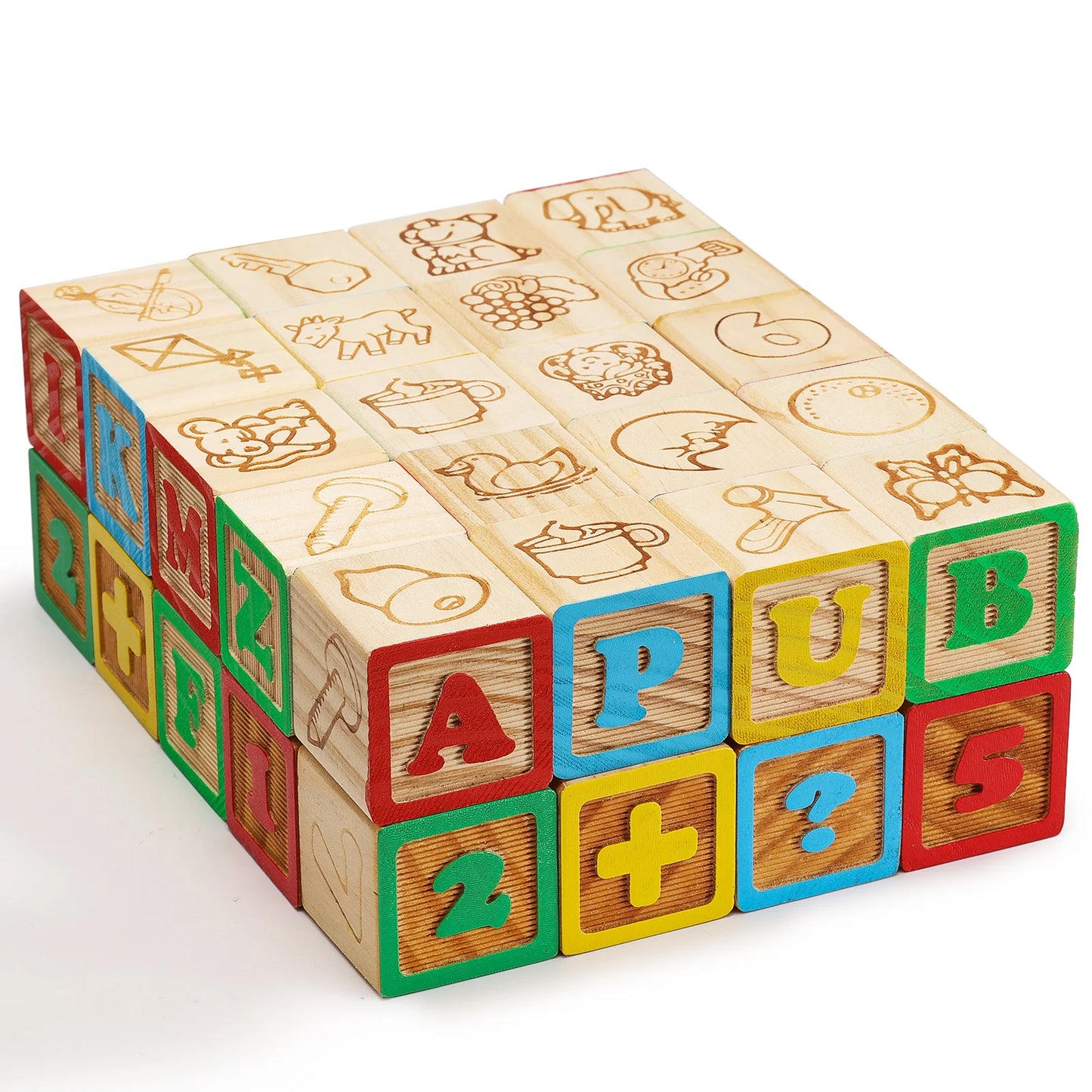 Set of wooden blocks with letters, numbers, and symbols
