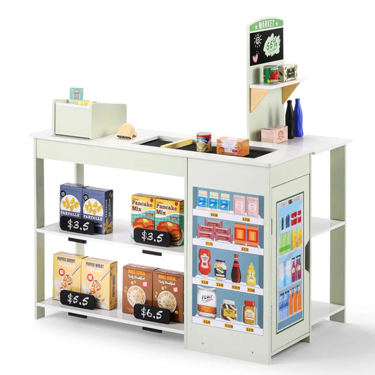 Children's play kitchen set with various items and price tags