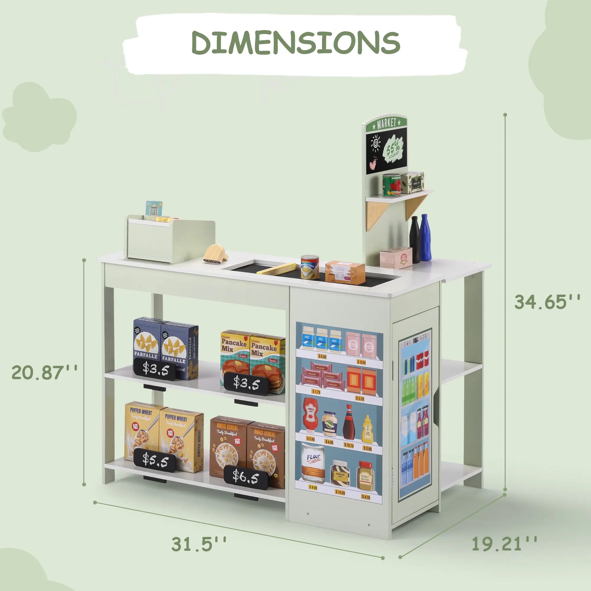 Miniature model of a grocery store with product displays and dimensions labeled