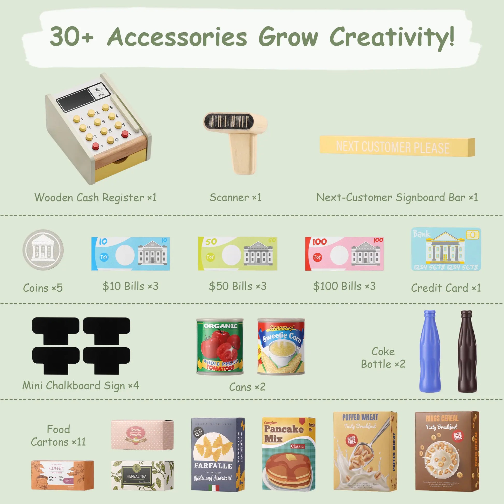 Collection of toy accessories with text indicating their quantity