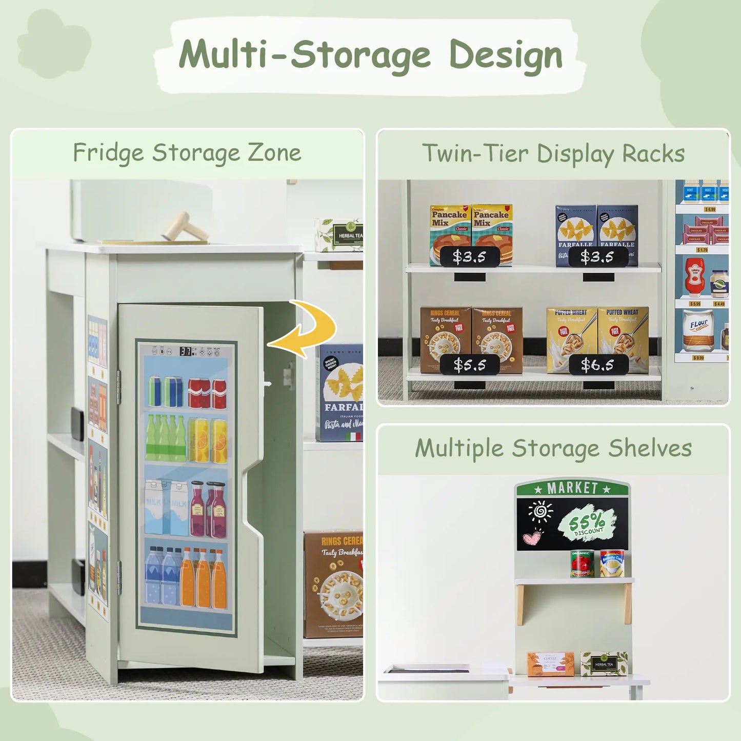 Multi-storage design with fridge storage zone, twin-tier display racks, and multiple storage shelves.