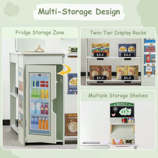 Multi-storage design with fridge storage zone, twin-tier display racks, and multiple storage shelves.