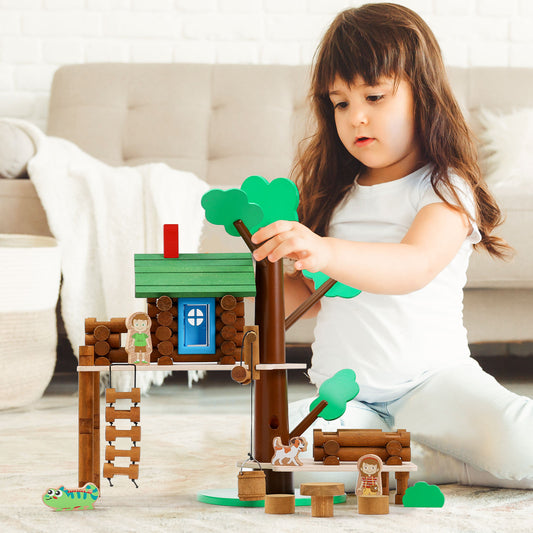 Wooden Log Cabin Set Building House Toy-10