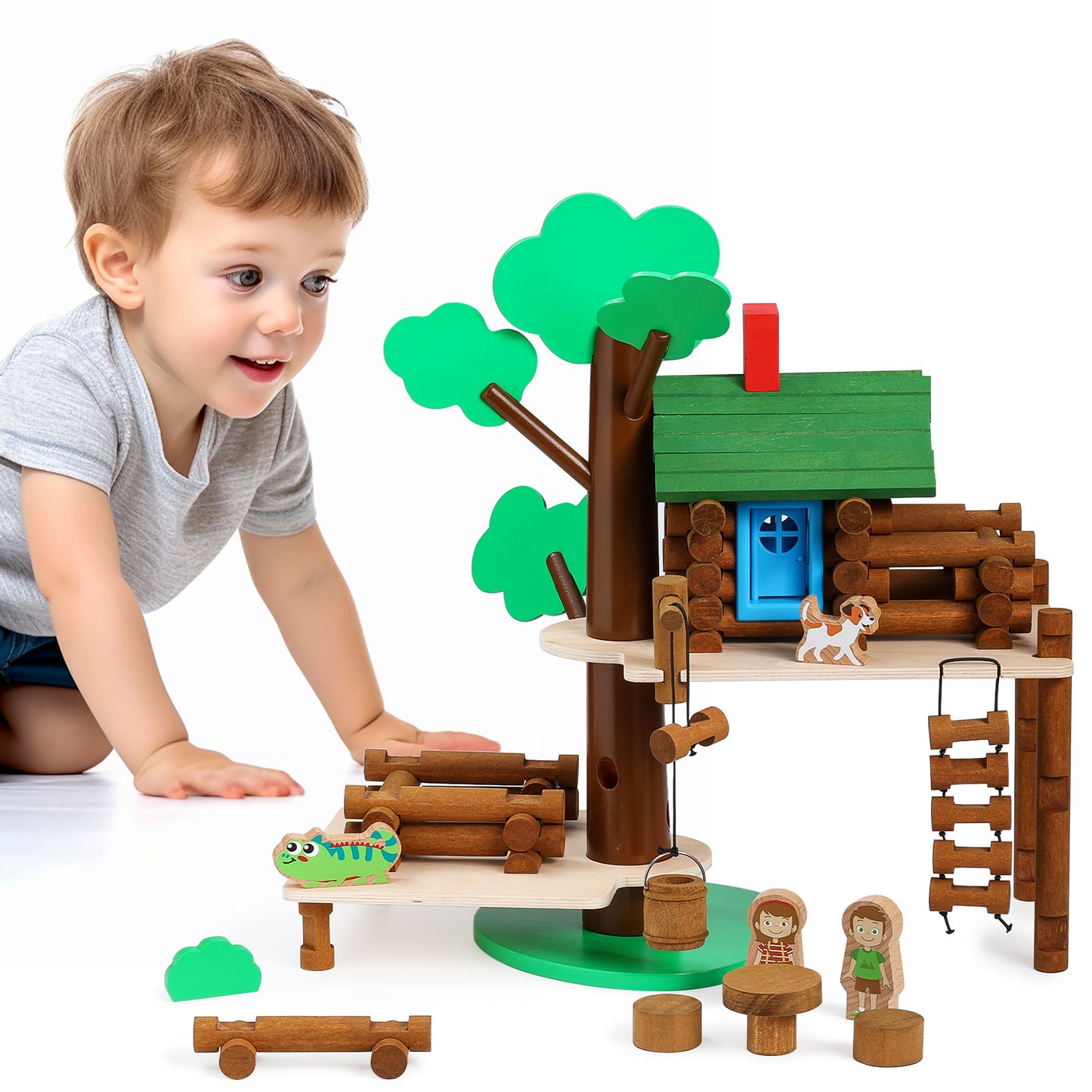 Wooden Log Cabin Set Building House Toy-3
