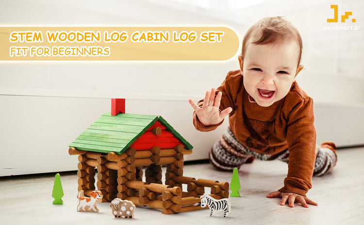 Child playing with a wooden log cabin toy set