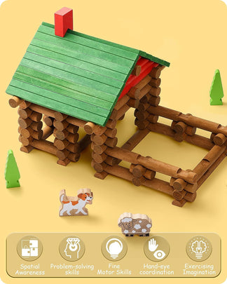 Wooden Log Cabin Set Farm Themed Building House Toy (110 pcs)-lincoln logs