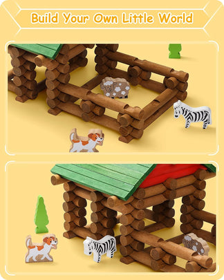 Wooden Log Cabin Set Farm Themed Building House Toy (110 pcs)-lincoln logs