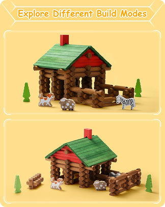 Wooden Log Cabin Set Farm Themed Building House Toy (110 pcs)-lincoln logs