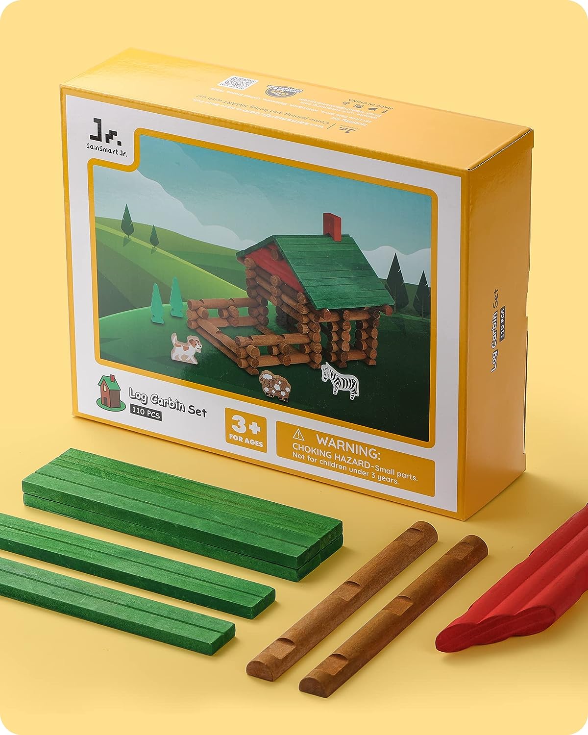 Wooden Log Cabin Set Farm Themed Building House Toy (110 pcs)-5