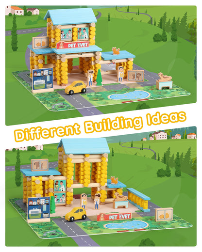 Wooden_Log_Cabin_Set_Pet_Vet_Log_Themed_Classic_Building_Toy_229_Pcs_-3