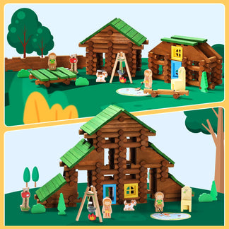 Toy wooden log cabin set with trees and figures