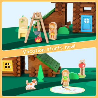 Toy set with wooden cabin, characters, and animals