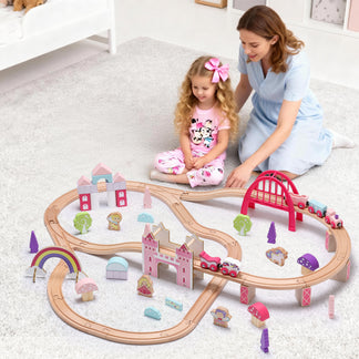 Woman and child playing with a wooden train set on a carpeted floor.
