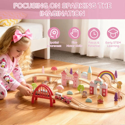 Child playing with a wooden train set on a wooden floor, with text highlighting skills developed.
