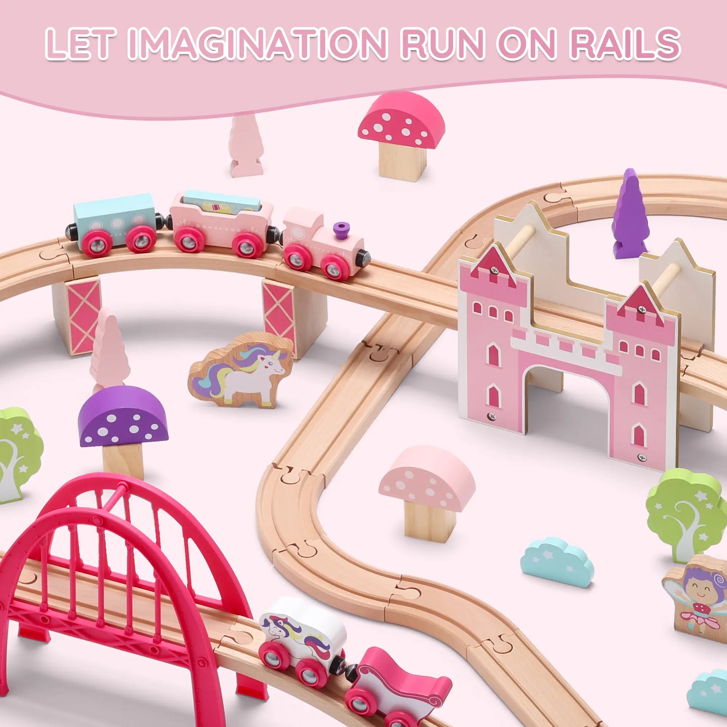 Wooden train set with pink and purple elements on a white background, featuring text 'Let Imagination Run on Rails'.