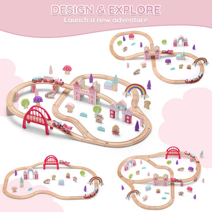 Wooden toy train set with pink castle and accessories on a white background
