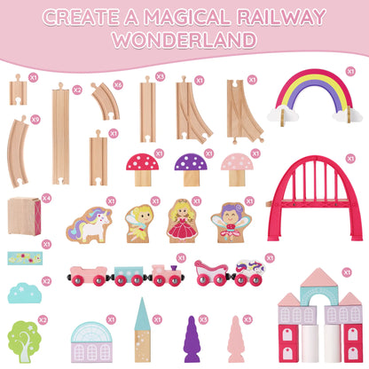 Collection of toy railway tracks, accessories, and figures on a white background with text 'Create a Magical Railway Wonderland'.