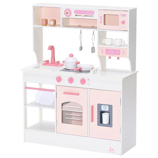 Children's toy kitchen set with pink and white colors