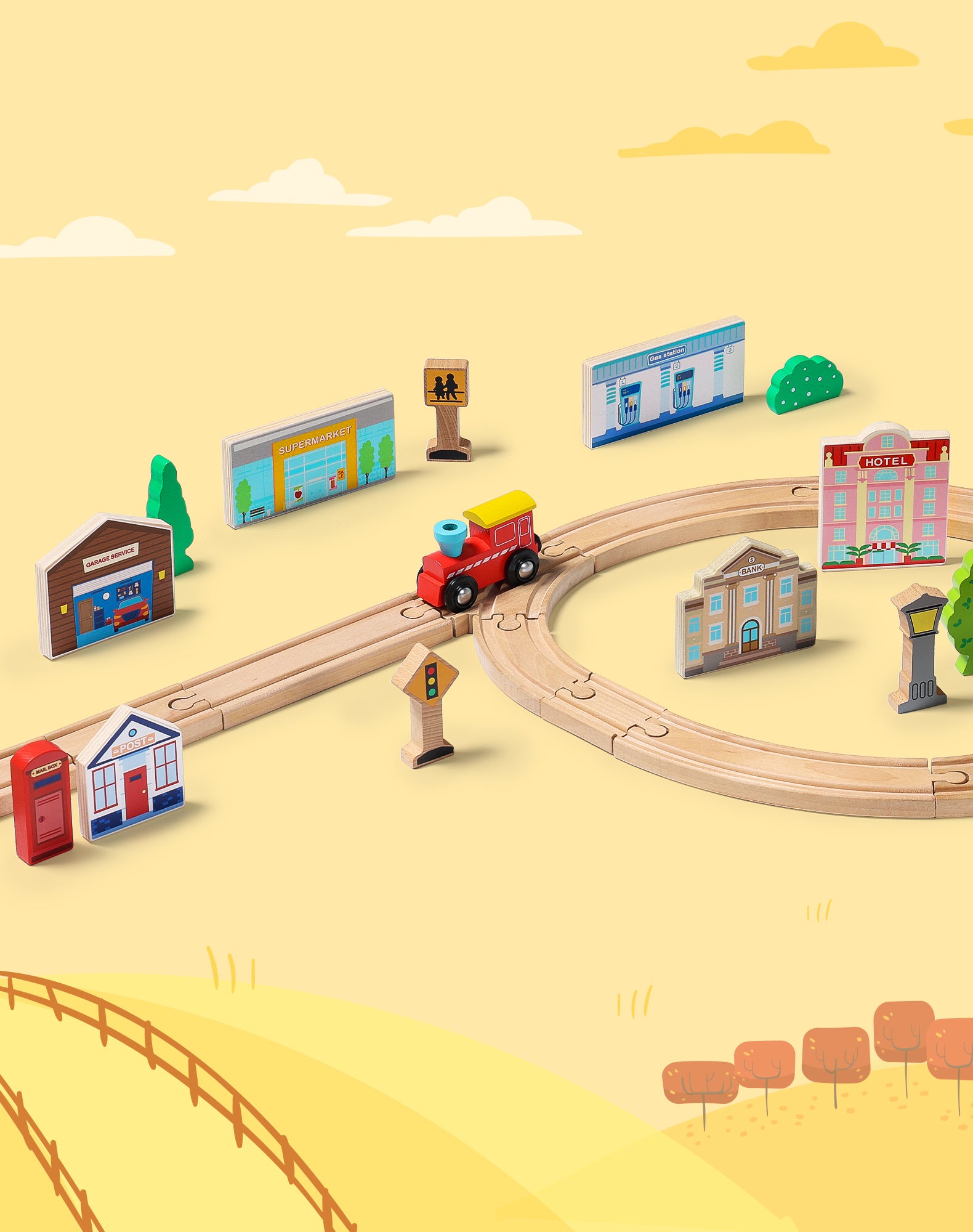 Wooden Train set Accessories with Town Theme